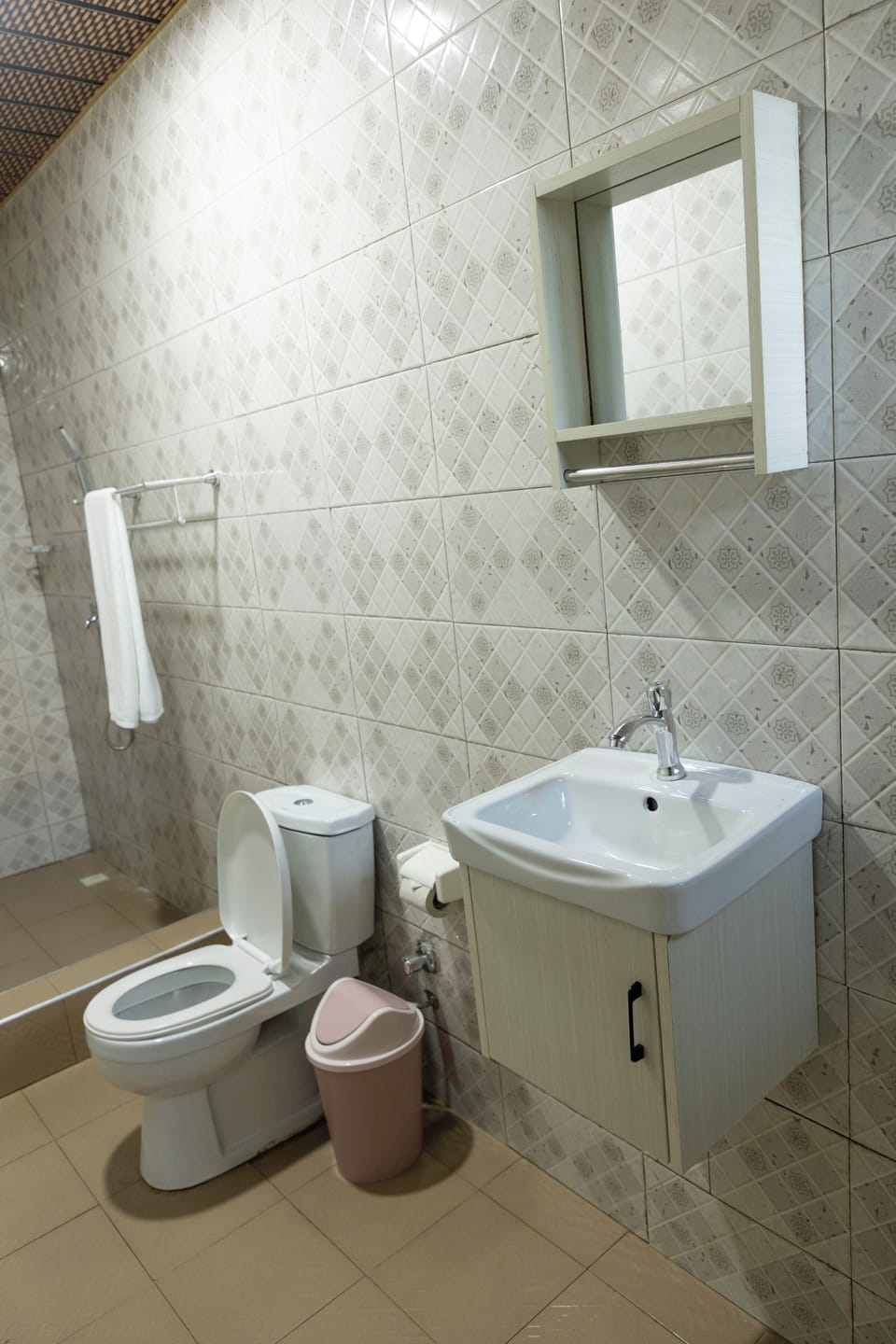 Separate tub and shower, towels, soap, toilet paper