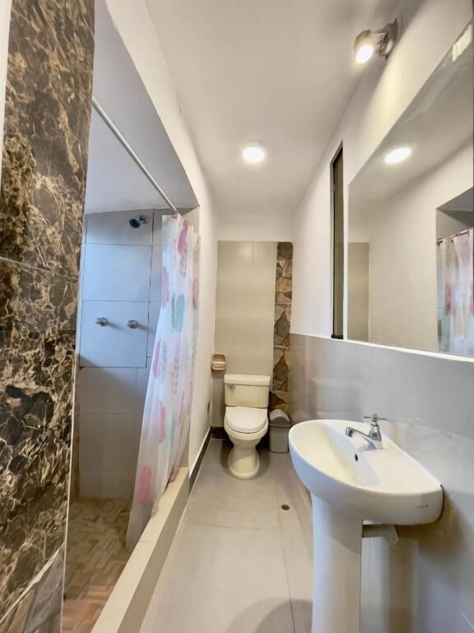 Shower, towels, soap, toilet paper
