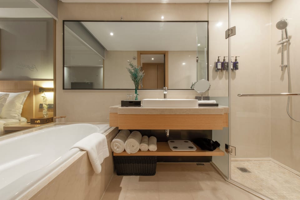 Separate tub and shower, hair dryer, bathrobes, slippers