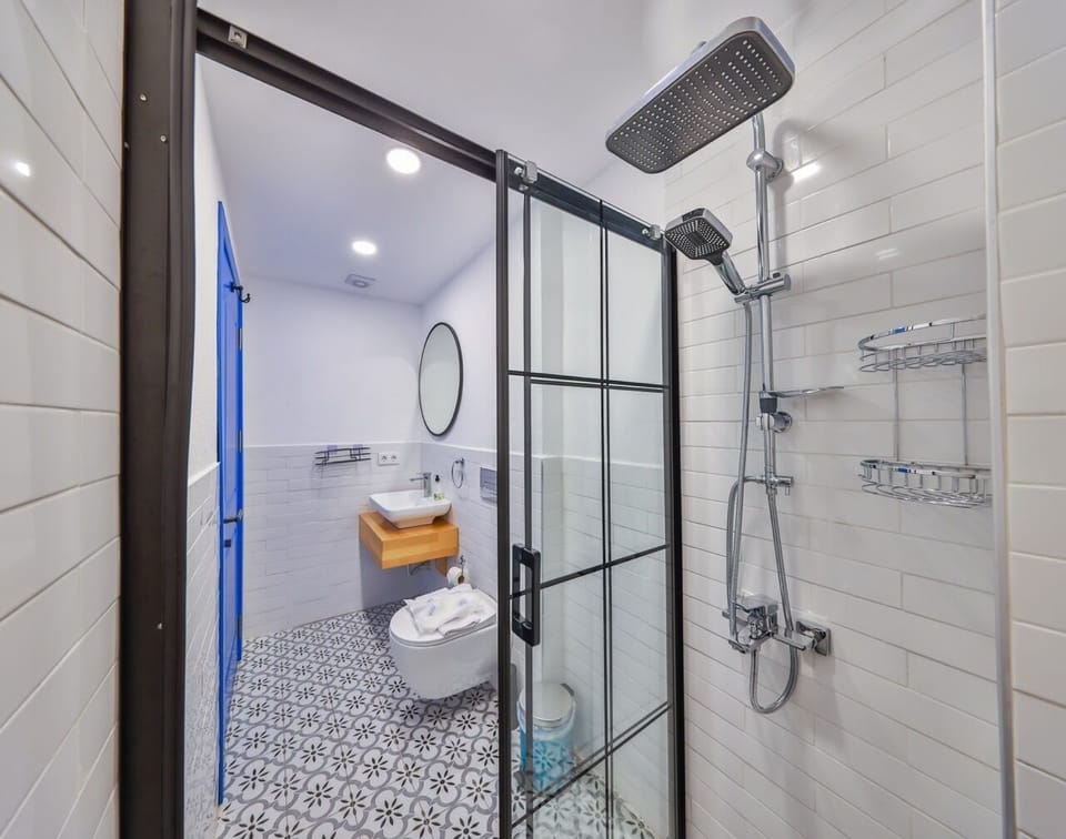 Shower, rainfall showerhead, hair dryer, slippers