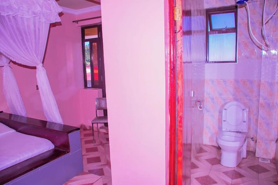 Shower, slippers, towels, soap