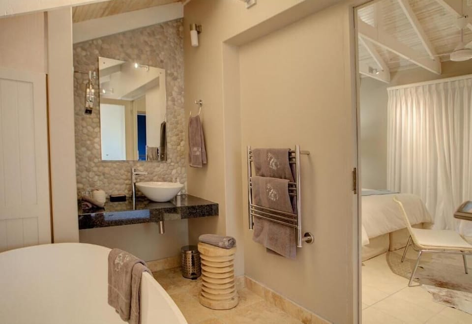Separate tub and shower, free toiletries, hair dryer, bathrobes