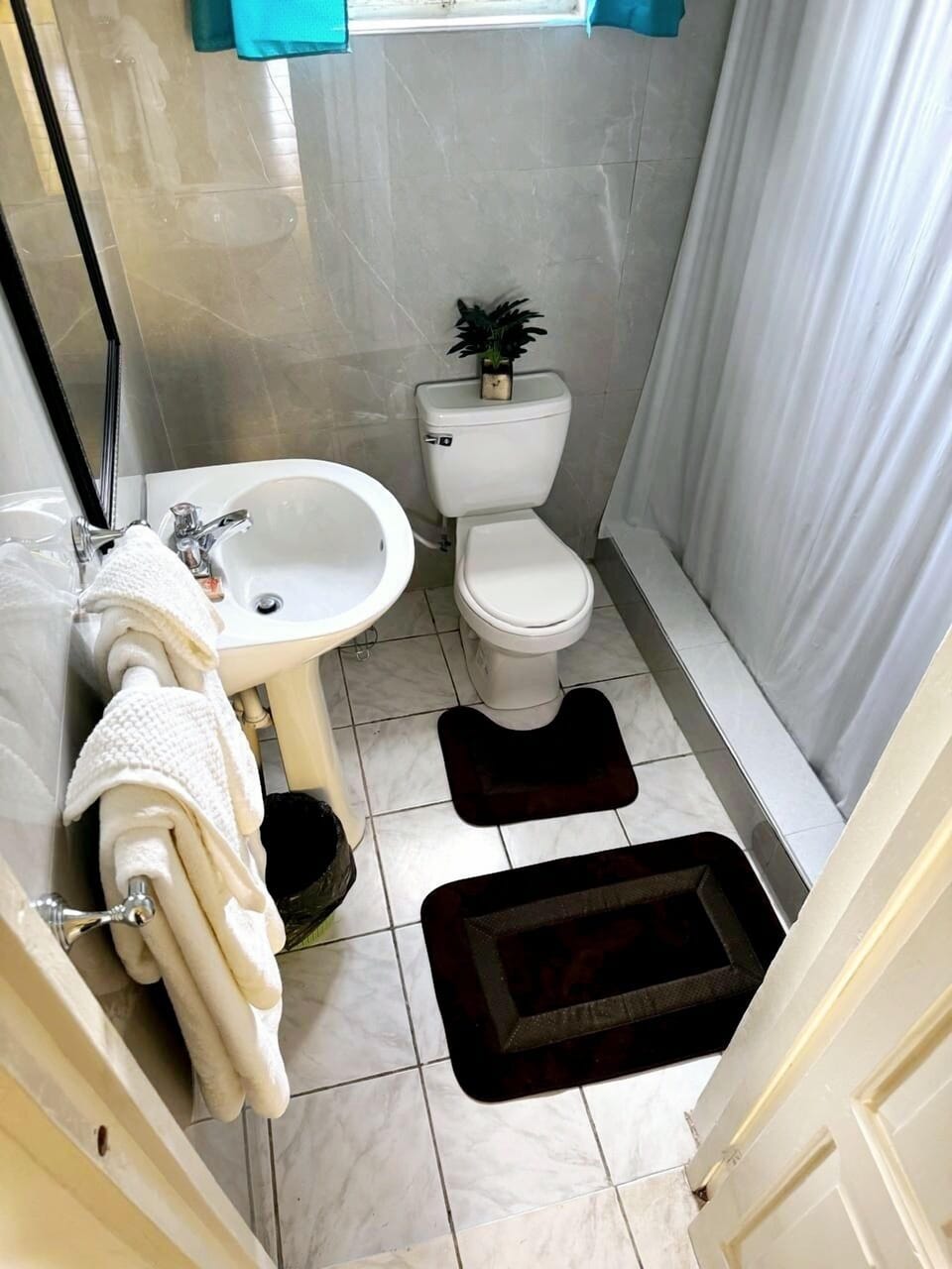 Shower, towels, soap, shampoo