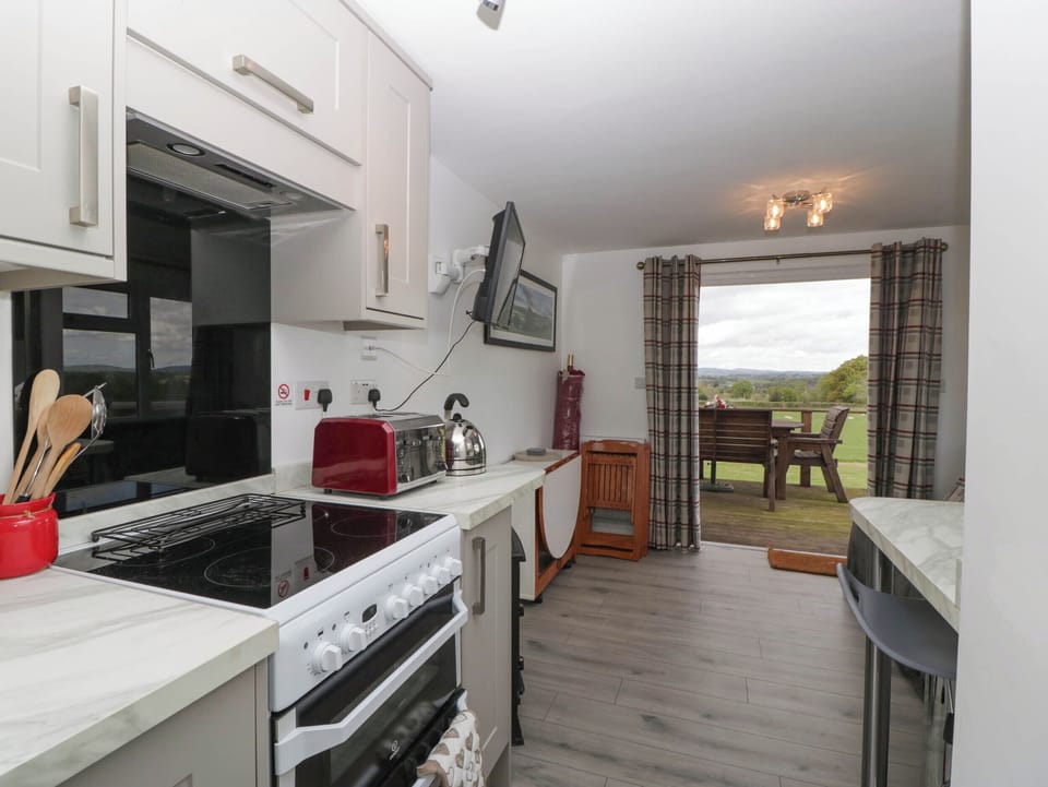 Fridge, microwave, toaster, cookware/dishes/utensils