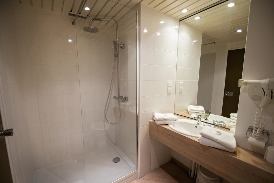 Combined shower/tub, eco-friendly toiletries, hair dryer, towels