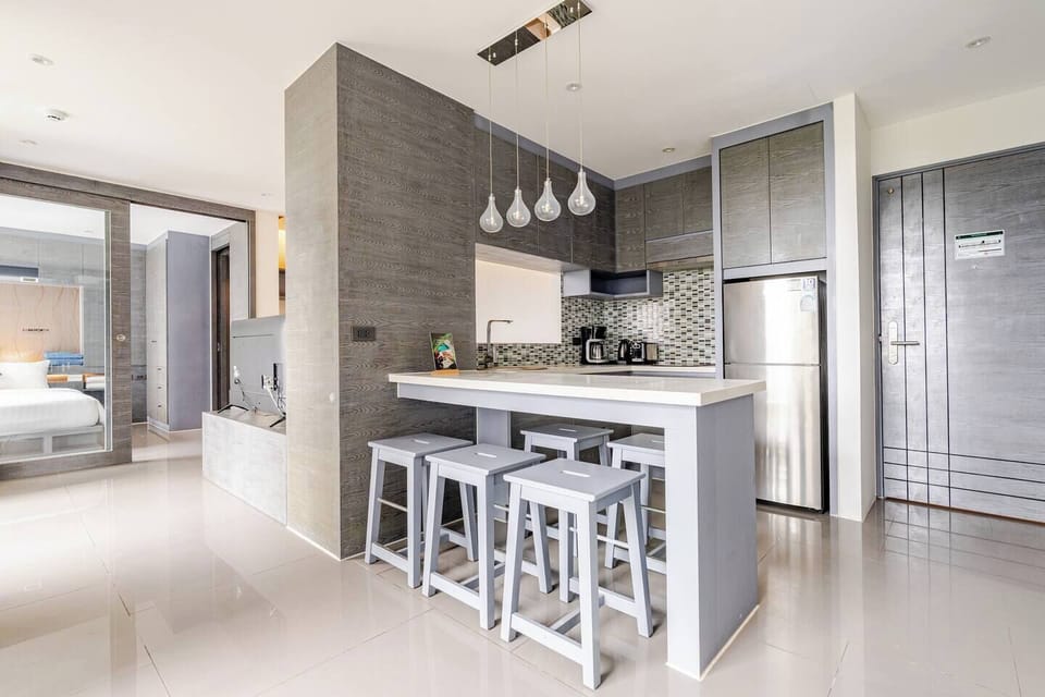 Apartment | Private kitchen | Full-size fridge, microwave, stovetop, electric kettle
