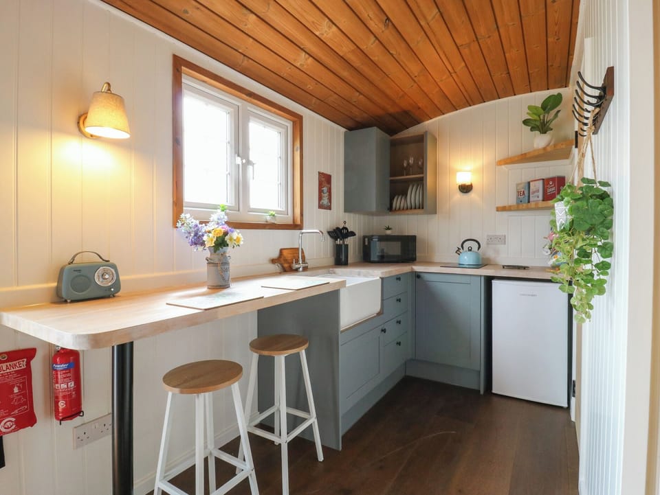 Fridge, microwave, toaster, cookware/dishes/utensils
