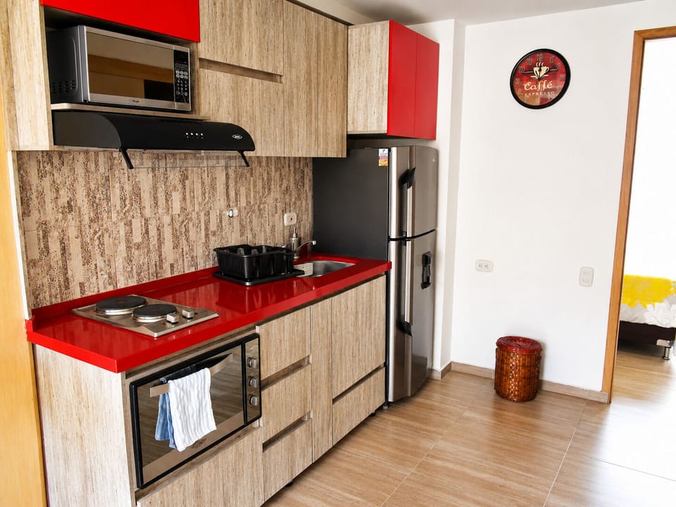 Full-size fridge, microwave, stovetop, rice cooker