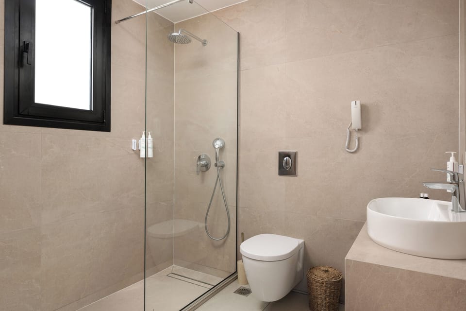 Shower, hair dryer, slippers, towels
