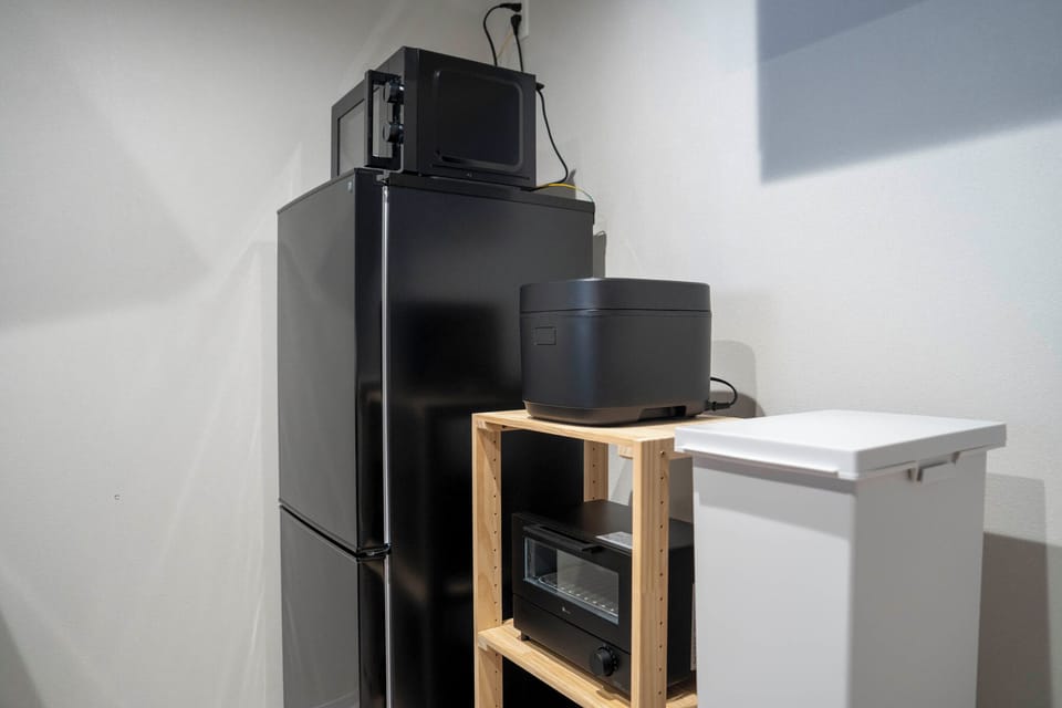 Full-size fridge, microwave, stovetop, electric kettle