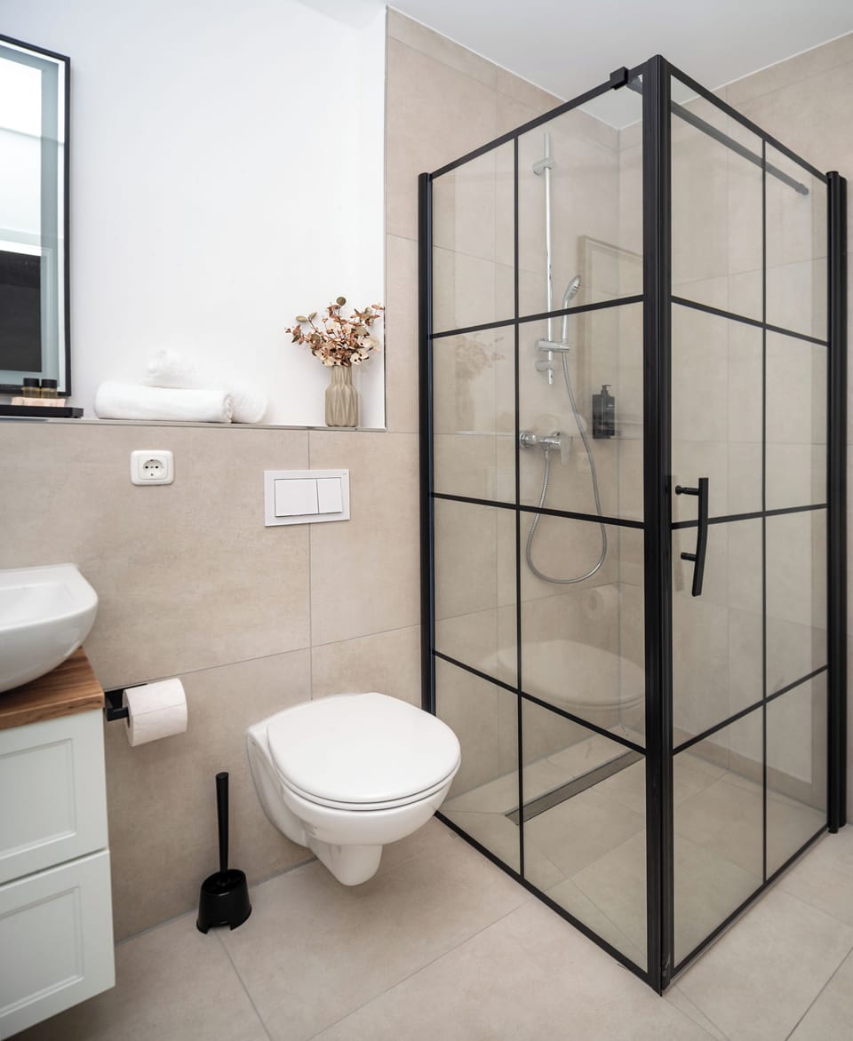 Comfort Double Room | Bathroom | Shower, hair dryer, towels, soap