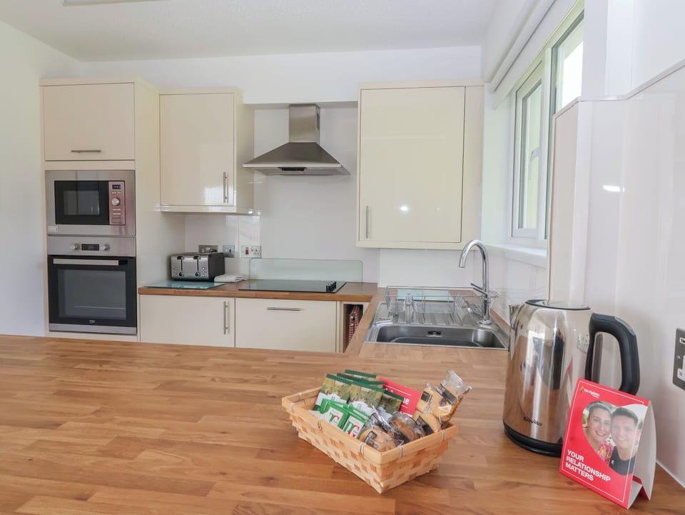 Fridge, microwave, toaster, cookware/dishes/utensils
