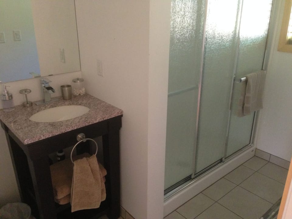 Combined shower/tub, free toiletries, towels
