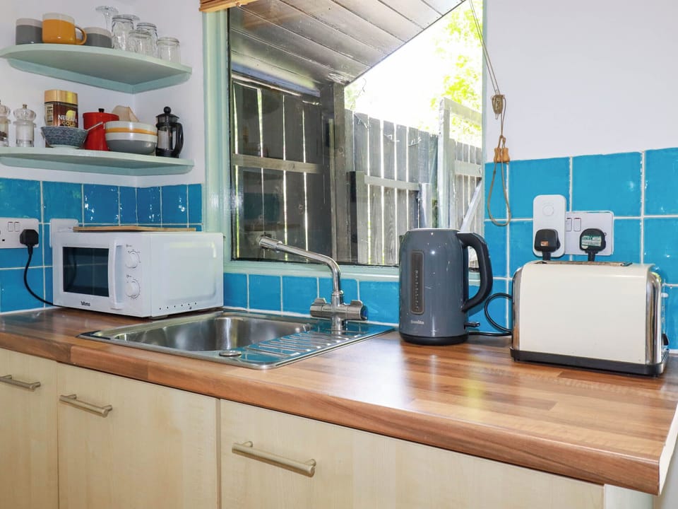 Fridge, microwave, toaster, cookware/dishes/utensils