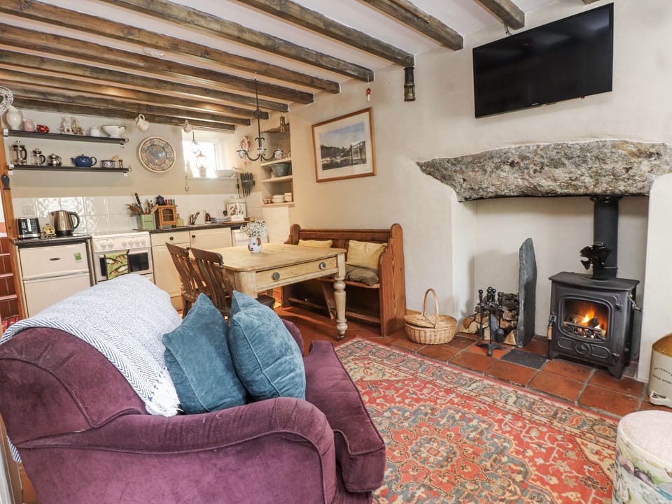 Flat-screen TV, fireplace