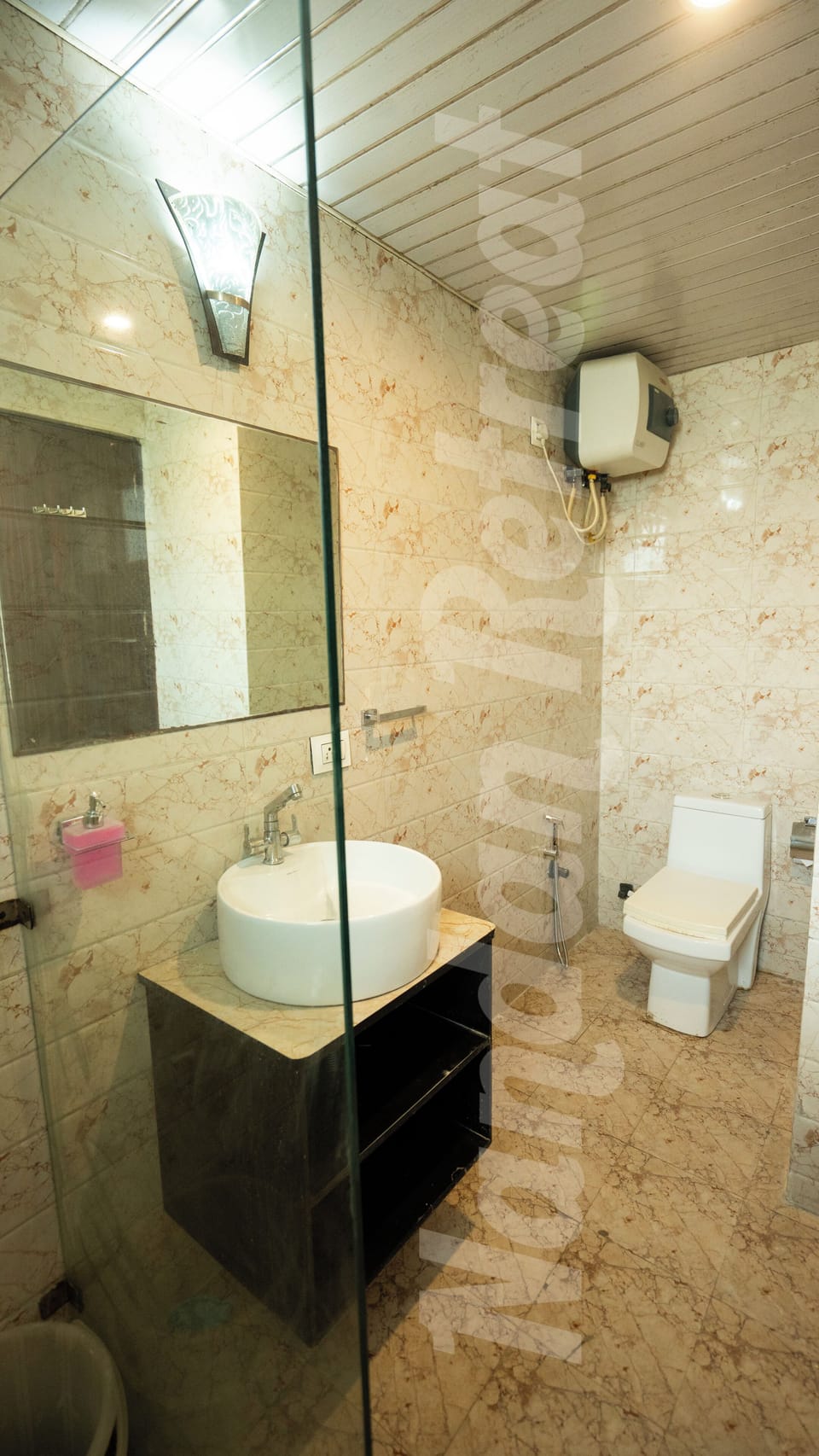 Shower, slippers, towels, soap