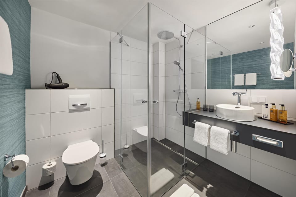 Shower, free toiletries, hair dryer, towels