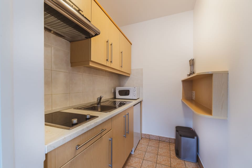 Fridge, microwave, stovetop, coffee/tea maker
