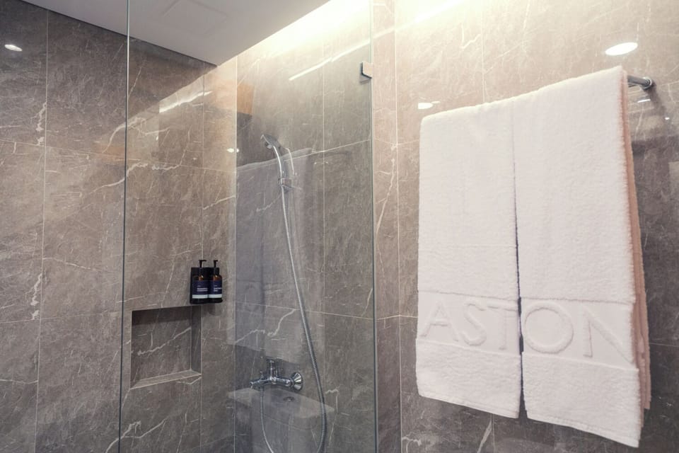 Shower, slippers, towels
