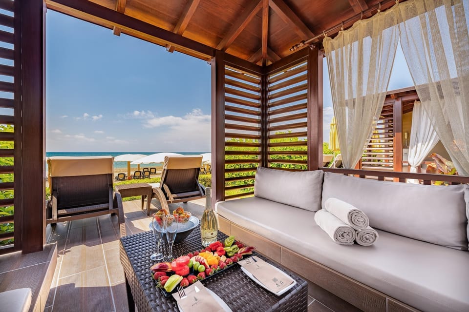 On the beach, sun loungers, beach umbrellas, beach towels