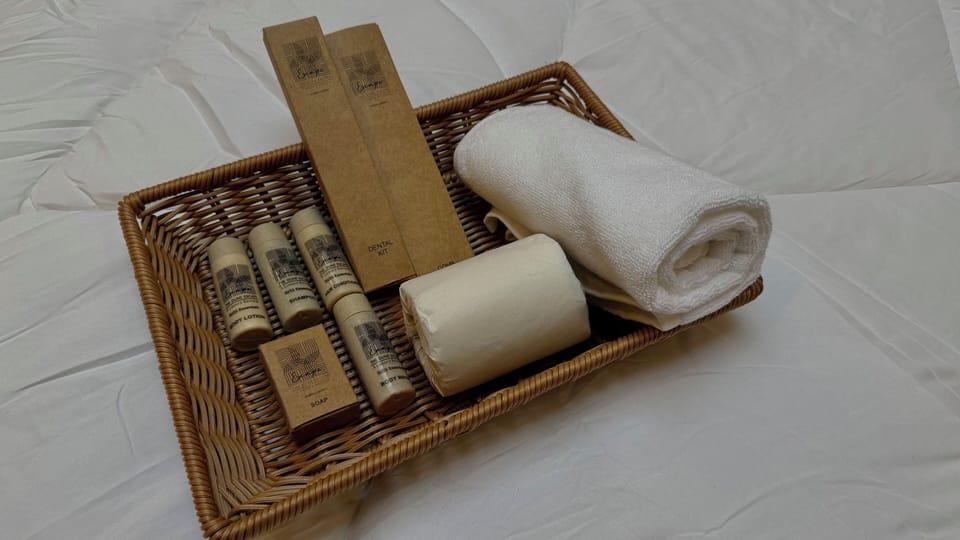 Shower, free toiletries, slippers, towels