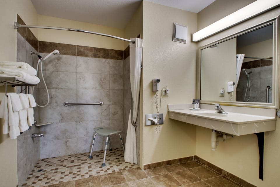 Combined shower/tub, free toiletries, hair dryer, towels