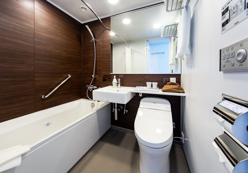 Combined shower/tub, free toiletries, hair dryer, slippers