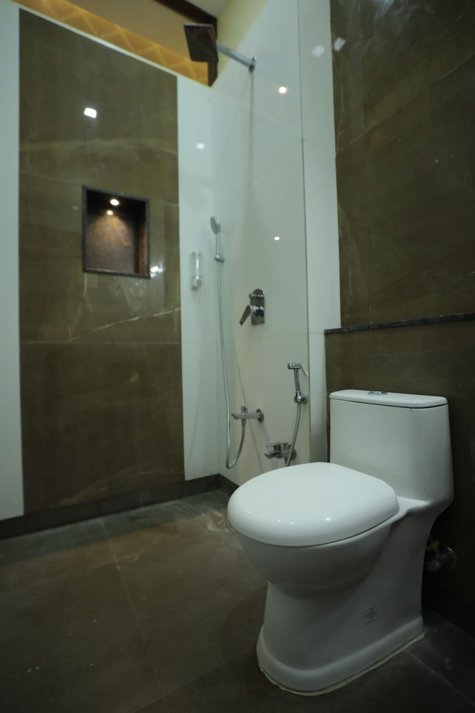 Shower, towels, soap, toilet paper