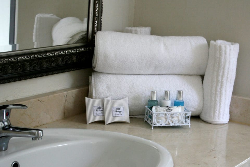 Separate tub and shower, deep soaking tub, free toiletries, hair dryer