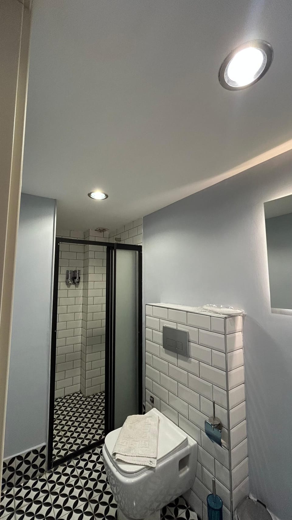Hair dryer, slippers, towels, soap