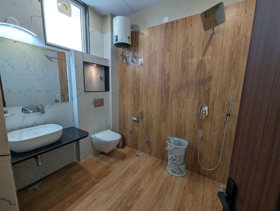 Shower, slippers, towels, soap