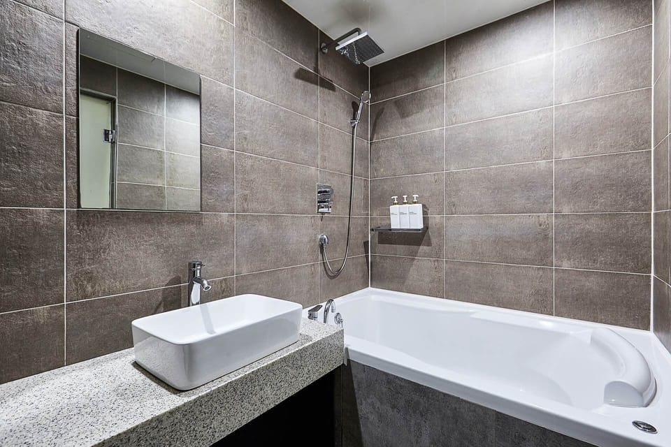 Deluxe | Bathroom | Hair dryer, towels, soap, shampoo