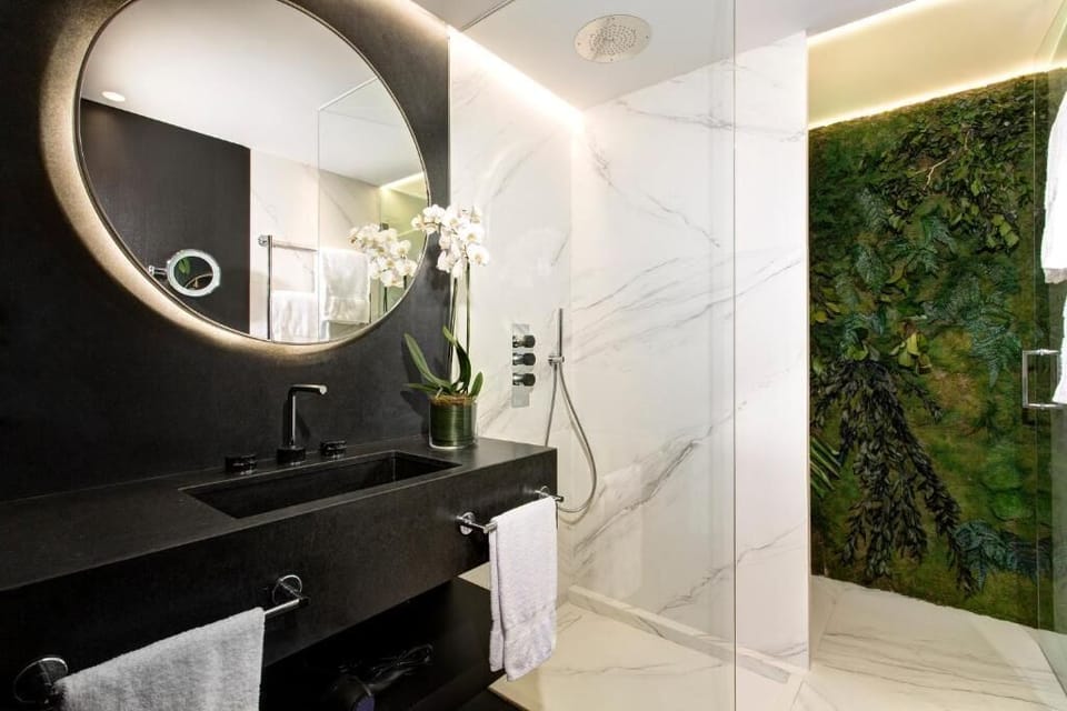 Shower, rainfall showerhead, free toiletries, hair dryer