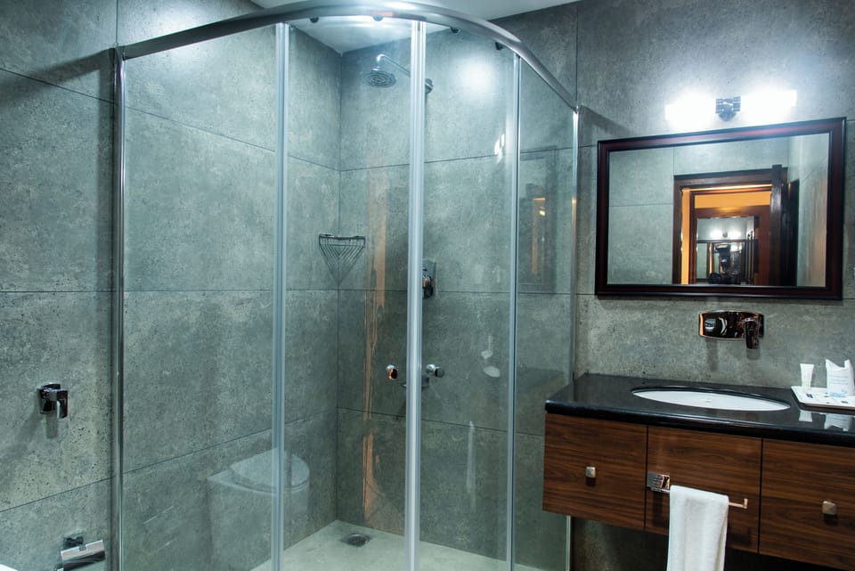 Shower, hair dryer, slippers, towels