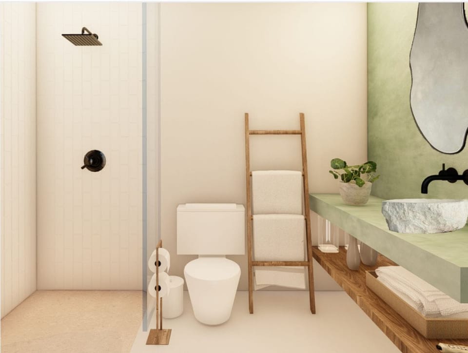 Shower, hair dryer, slippers, towels
