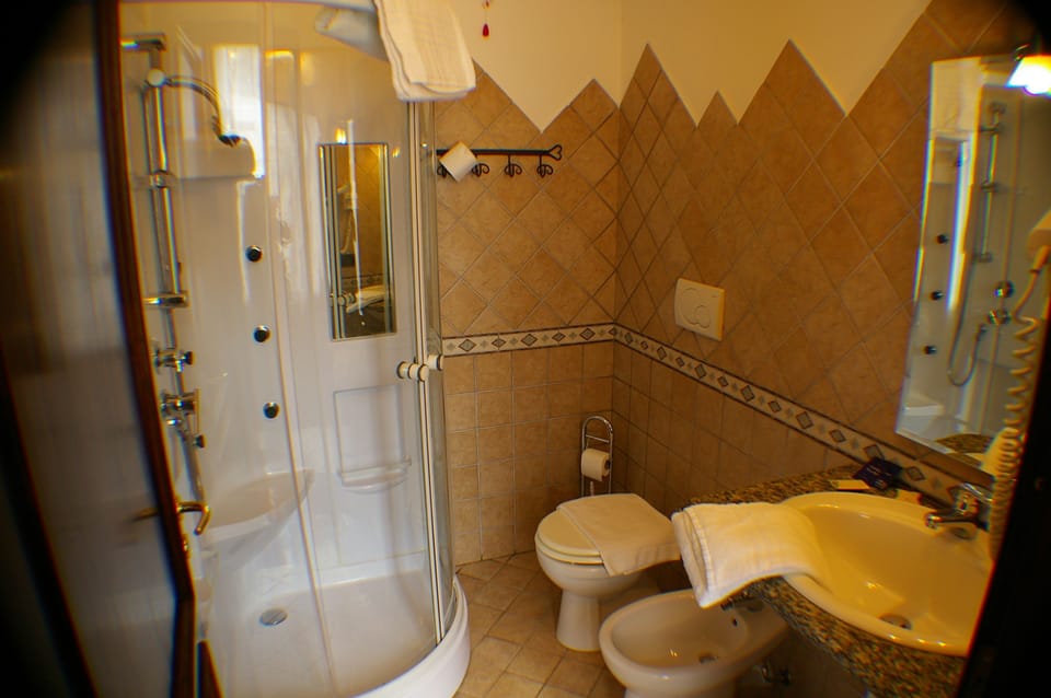 Shower, hydromassage showerhead, free toiletries, hair dryer