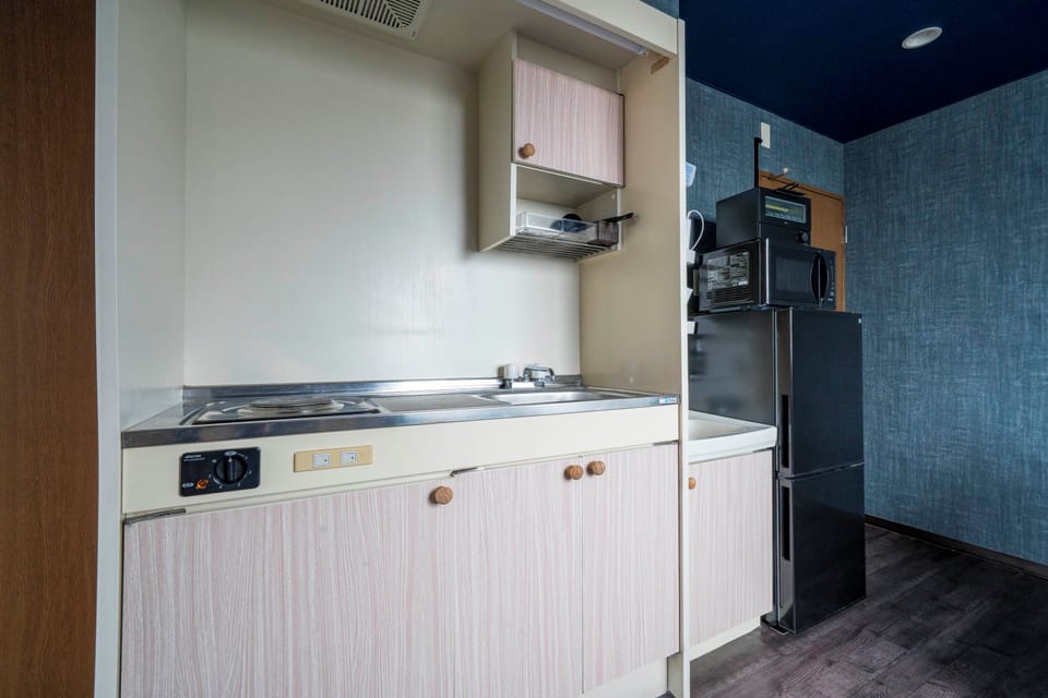 Full-size fridge, microwave, stovetop, electric kettle