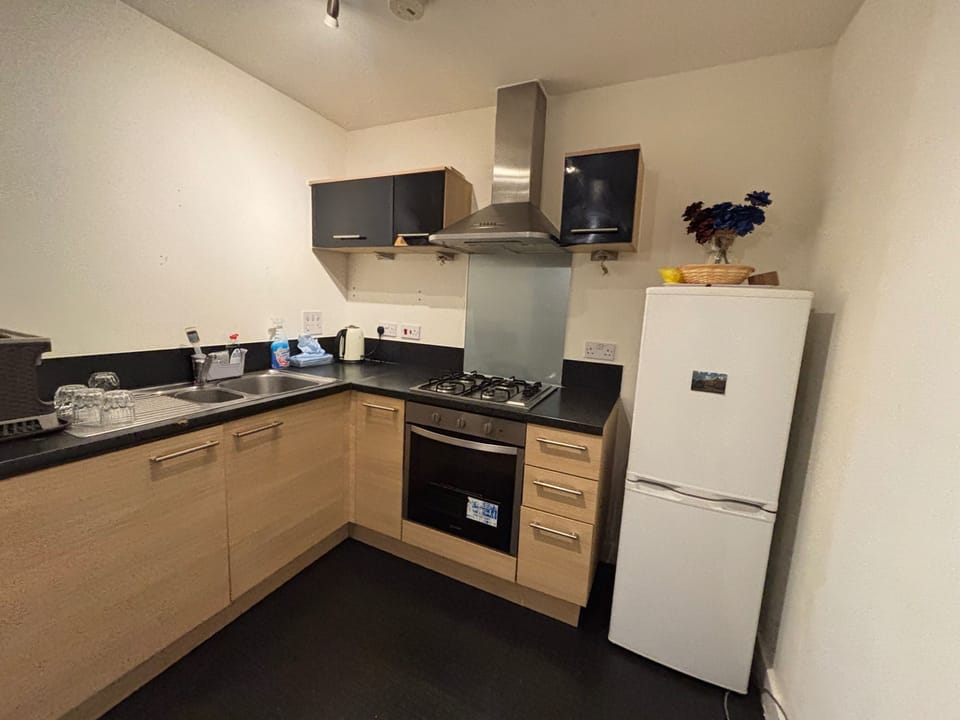 Fridge, microwave, oven, stovetop