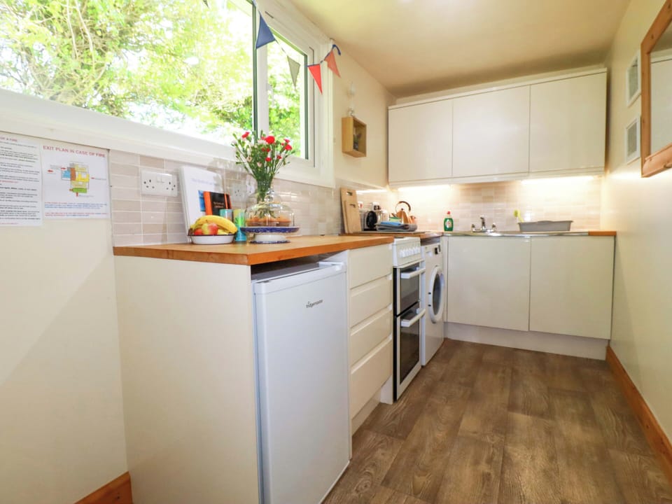 Fridge, microwave, toaster, cookware/dishes/utensils