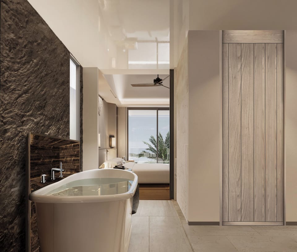 Separate tub and shower, rainfall showerhead, free toiletries