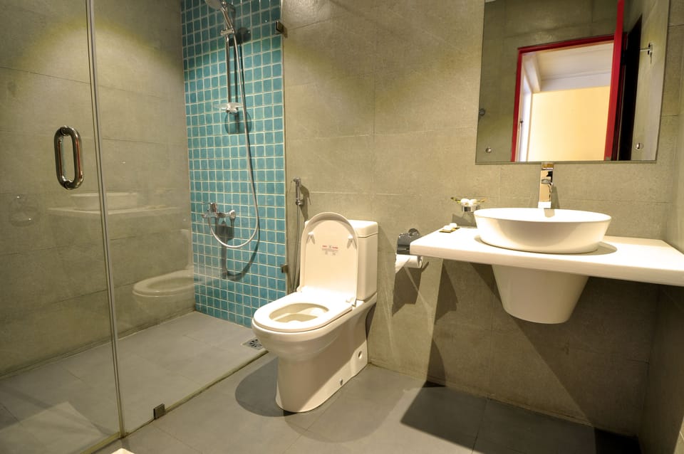 Shower, free toiletries, bidet, towels