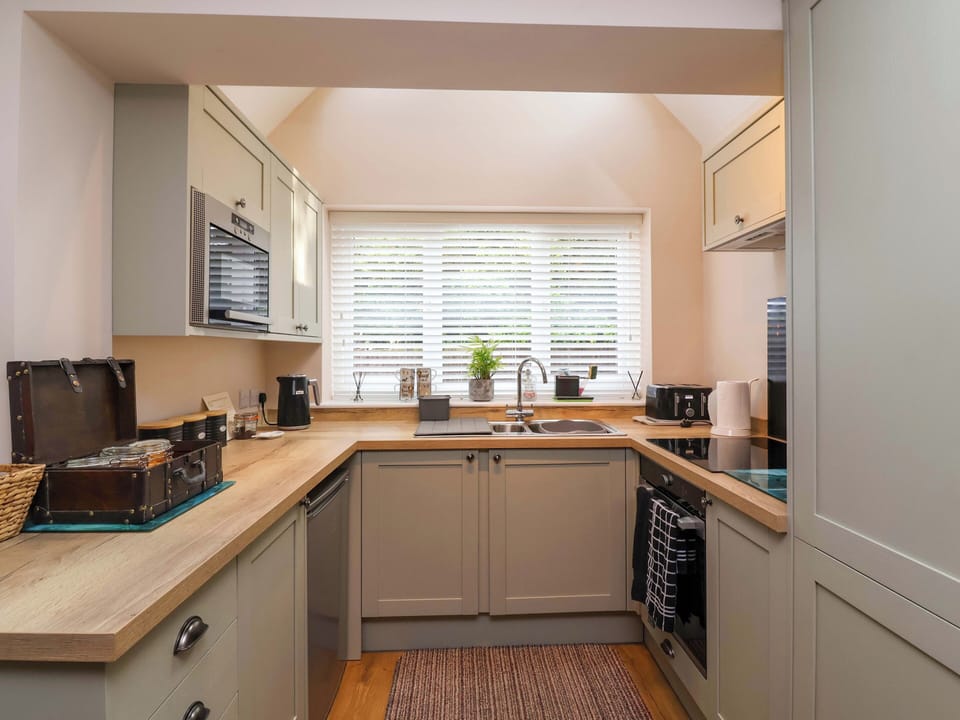 Fridge, microwave, toaster, cookware/dishes/utensils