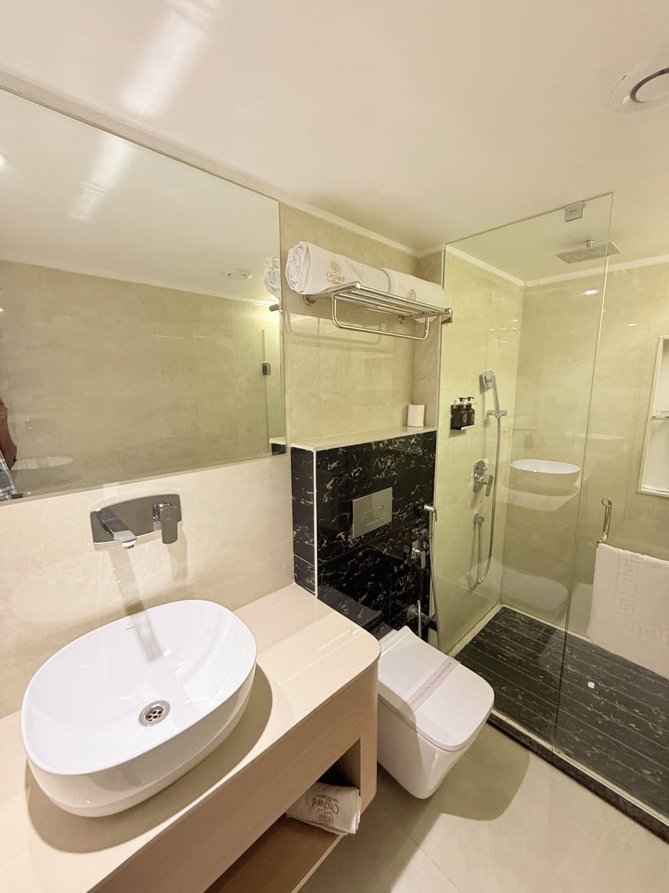 Shower, rainfall showerhead, free toiletries, towels