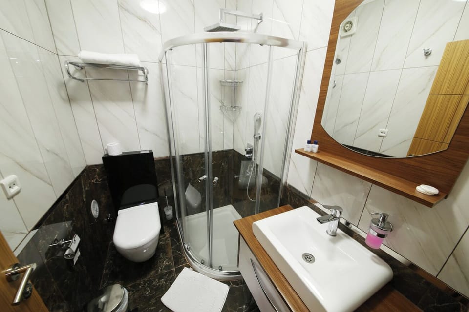 Shower, rainfall showerhead, hair dryer, slippers