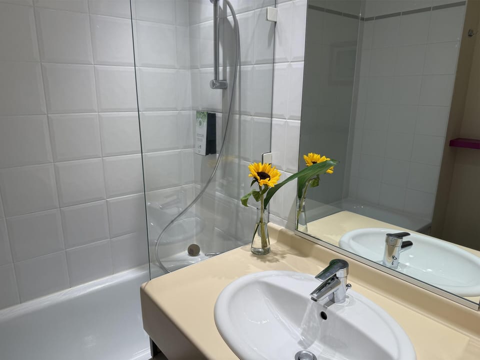 Bathtub, eco-friendly toiletries, hair dryer, towels