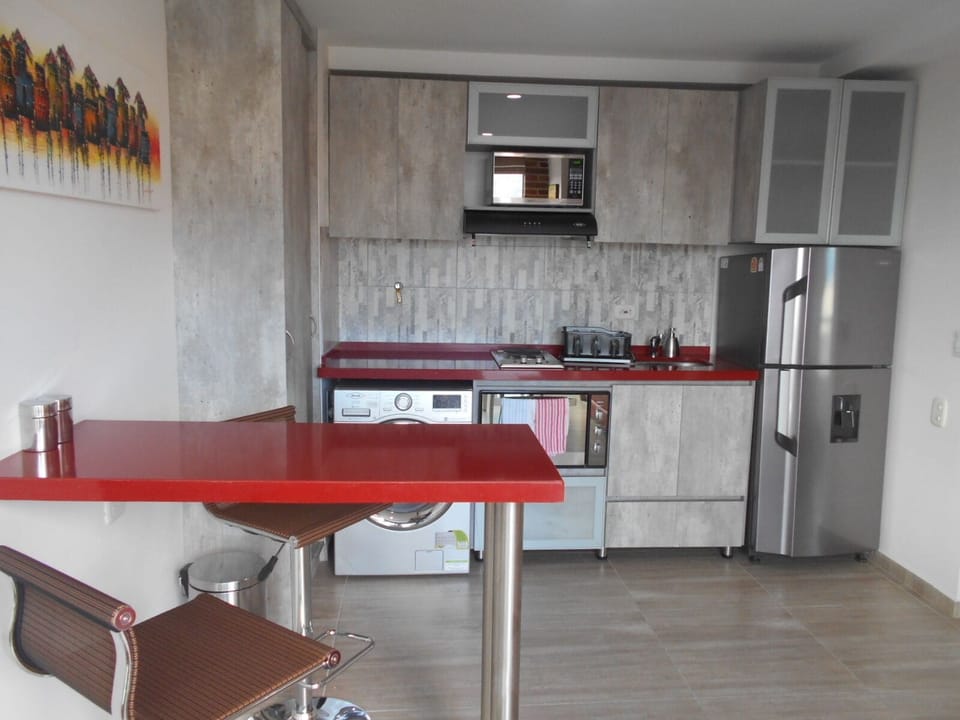 Full-size fridge, microwave, stovetop, blender