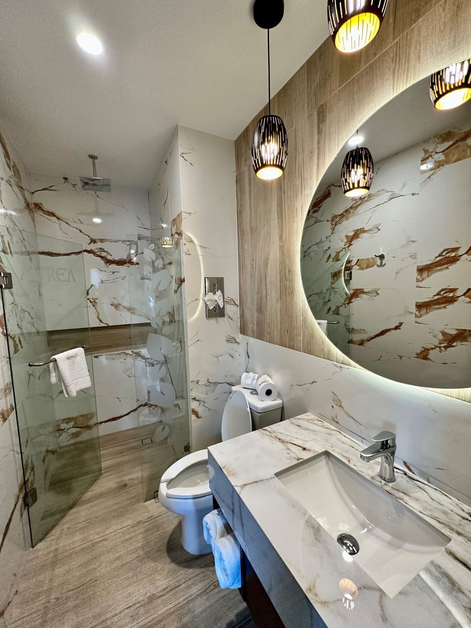 Shower, free toiletries, hair dryer, towels