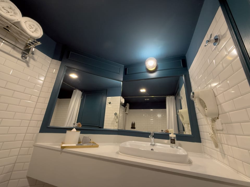 Shower, free toiletries, hair dryer, towels