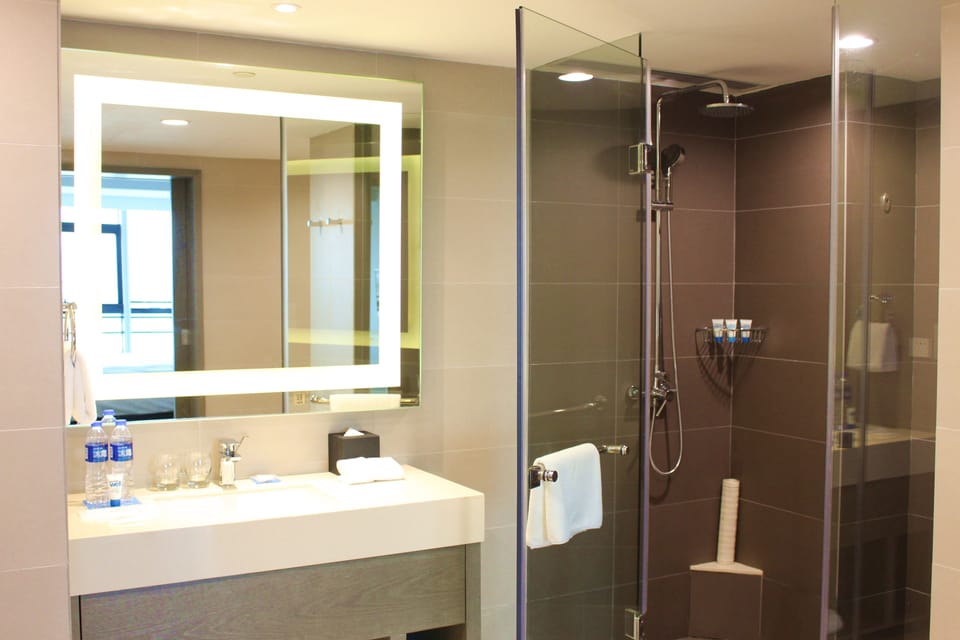 Shower, rainfall showerhead, hair dryer, slippers