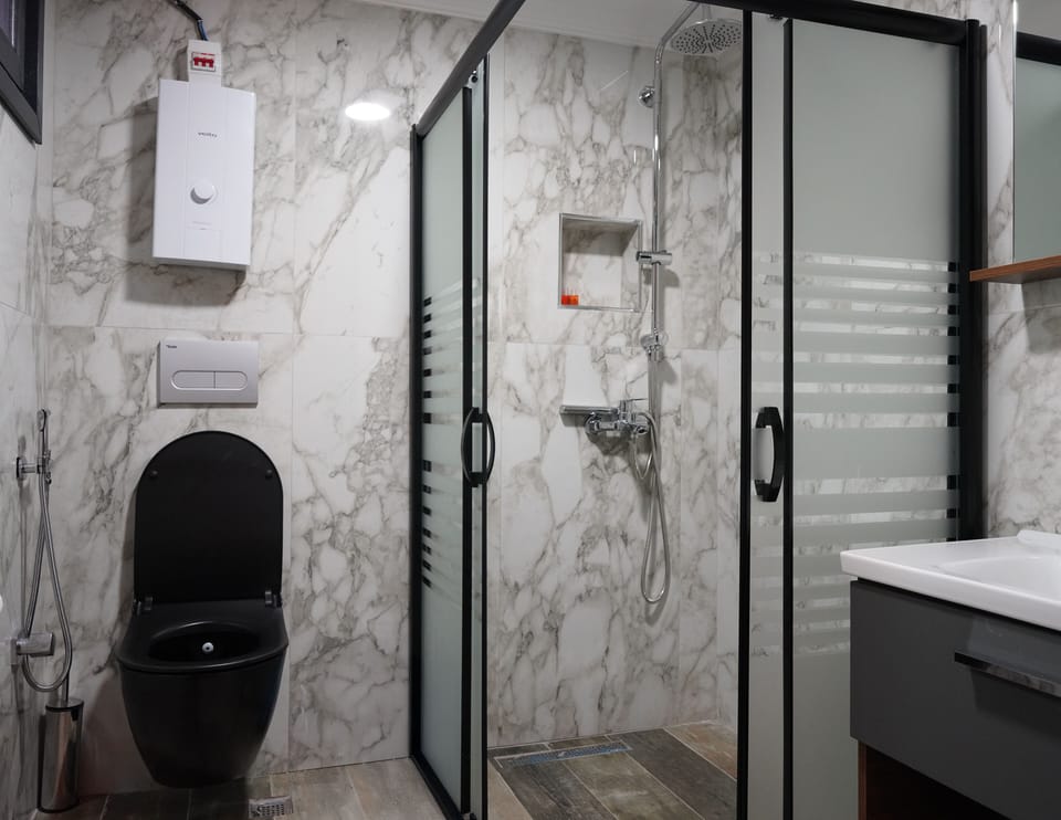 Shower, hydromassage showerhead, free toiletries, hair dryer